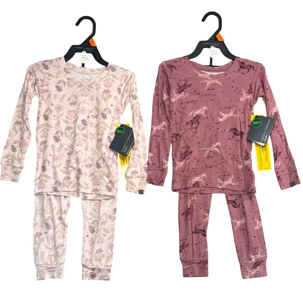 Bamboo Viscose 2 Pair Pajama Sets 4T Floral & Horse Pink Mauve New